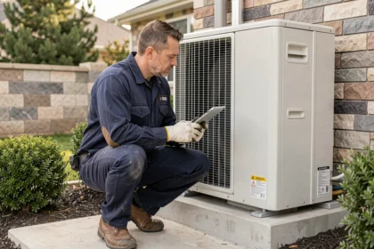 Technicien HVAC inspectant une pompe à chaleur air-air installée sur la façade extérieure d'une maison individuelle