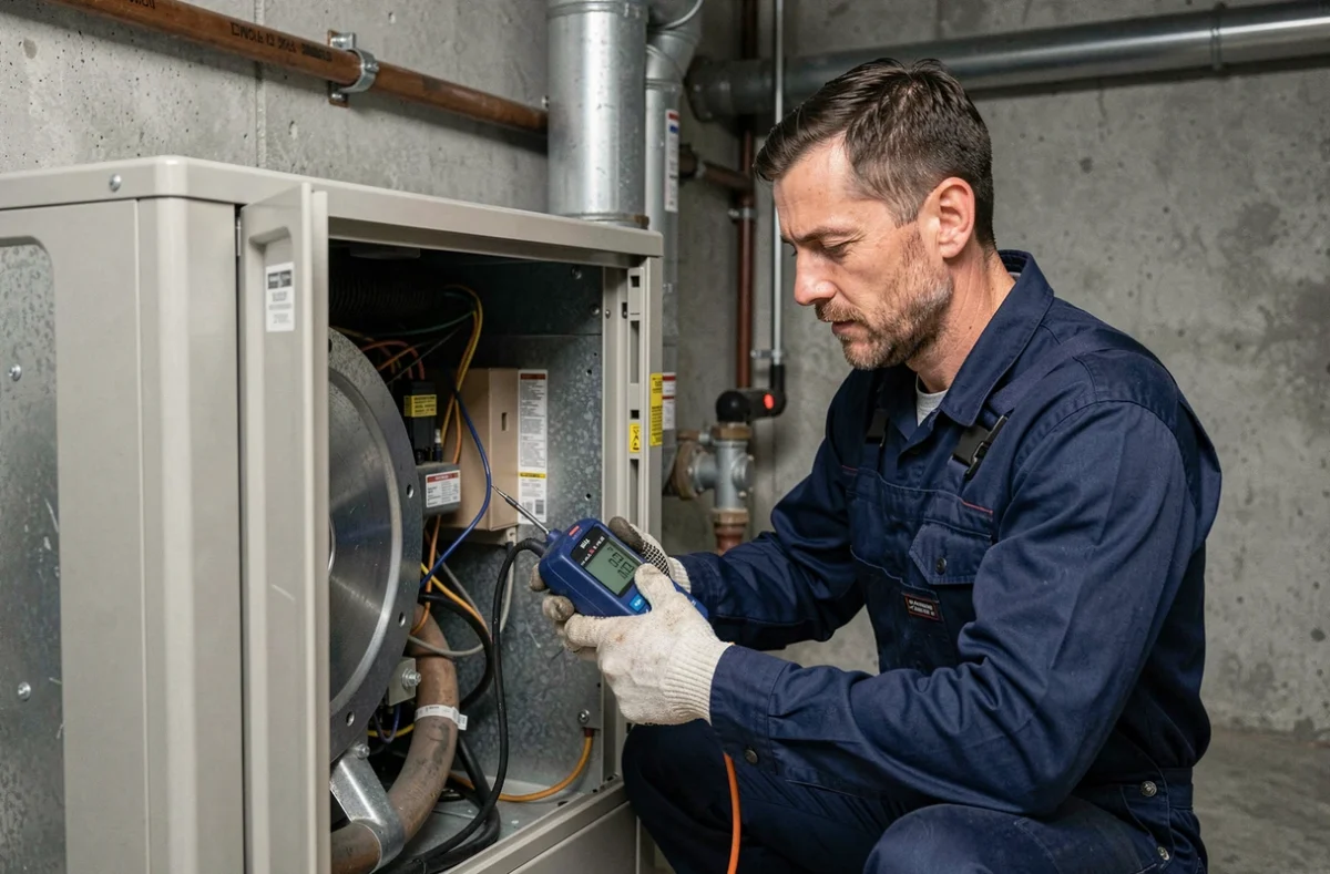 Technicien en chauffage inspectant les composants internes d'une pompe à chaleur ouverte avec un outil de diagnostic