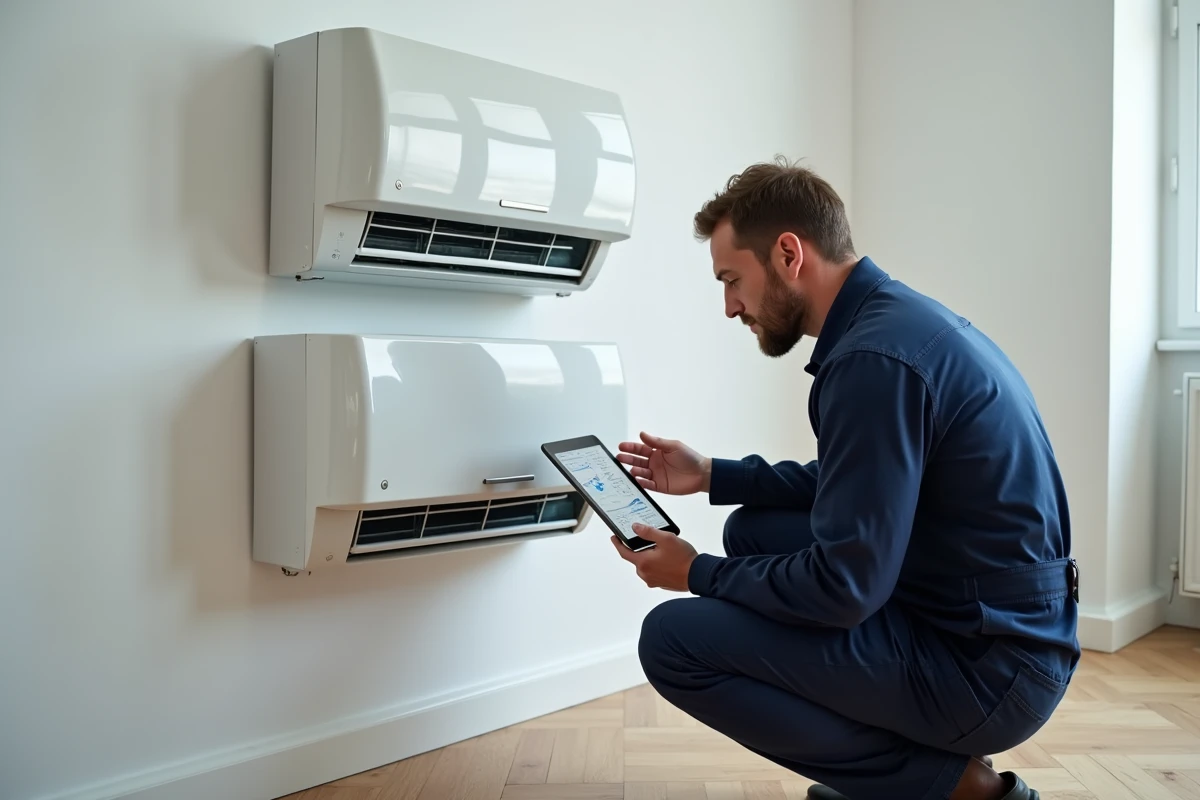 Technicien chauffagiste inspectant une pompe à chaleur murale dans une maison rénovée pour un projet RIBO T