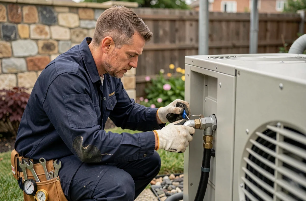 Technicien installateur inspectant les raccordements d'une pompe à chaleur air-eau dans un jardin résidentiel