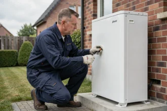 Technicien installant une pompe à chaleur extérieure dans un jardin de maison individuelle