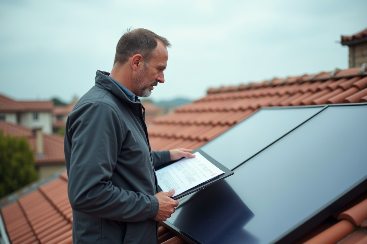 Technicien inspectant un panneau solaire thermique sur le toit