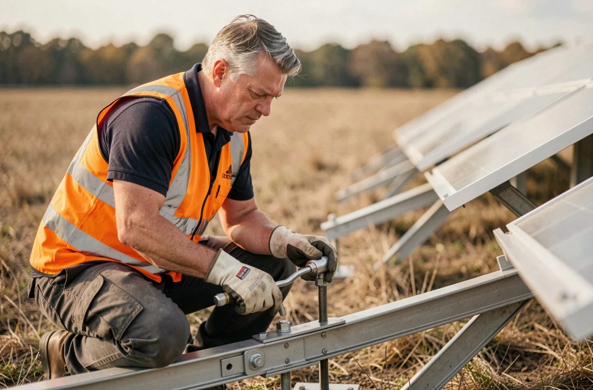 Technicien vérifiant les fixations d'une structure solaire au sol dans un champ