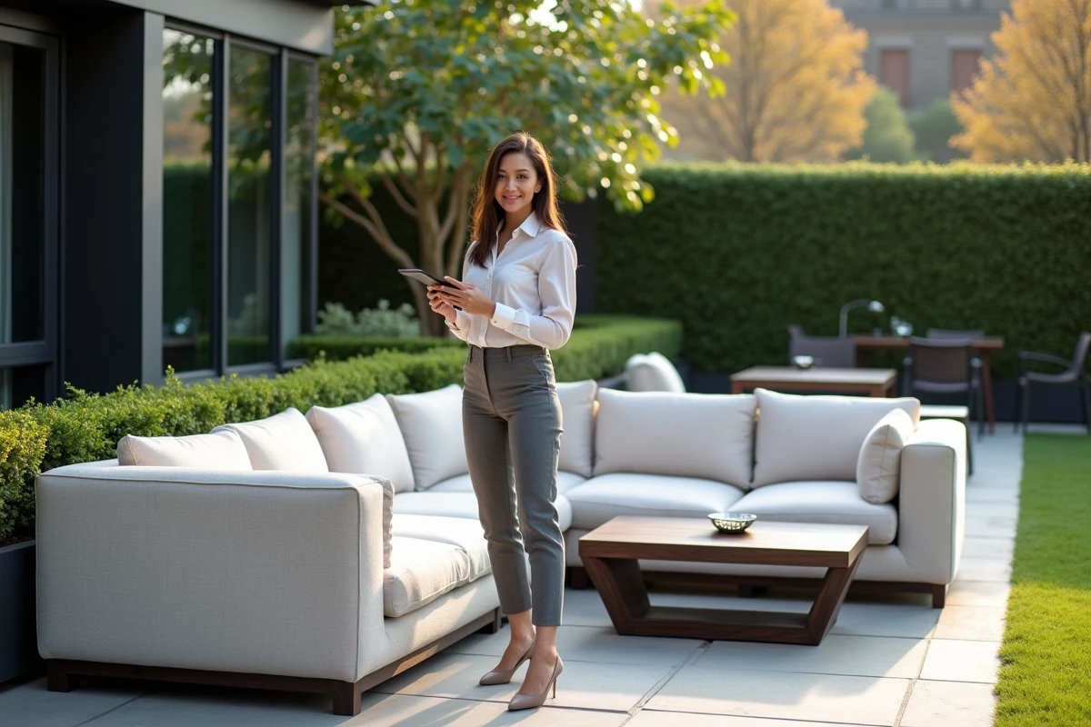 Terrasse d'événement corporate aménagée avec mobilier de location moderne, canapés blancs modulables et tables basses en bois sombre