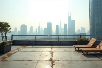 Terrasse rooftop urbaine avec rambarde de sécurité métallique rouillée et vue panoramique sur les toits de la ville