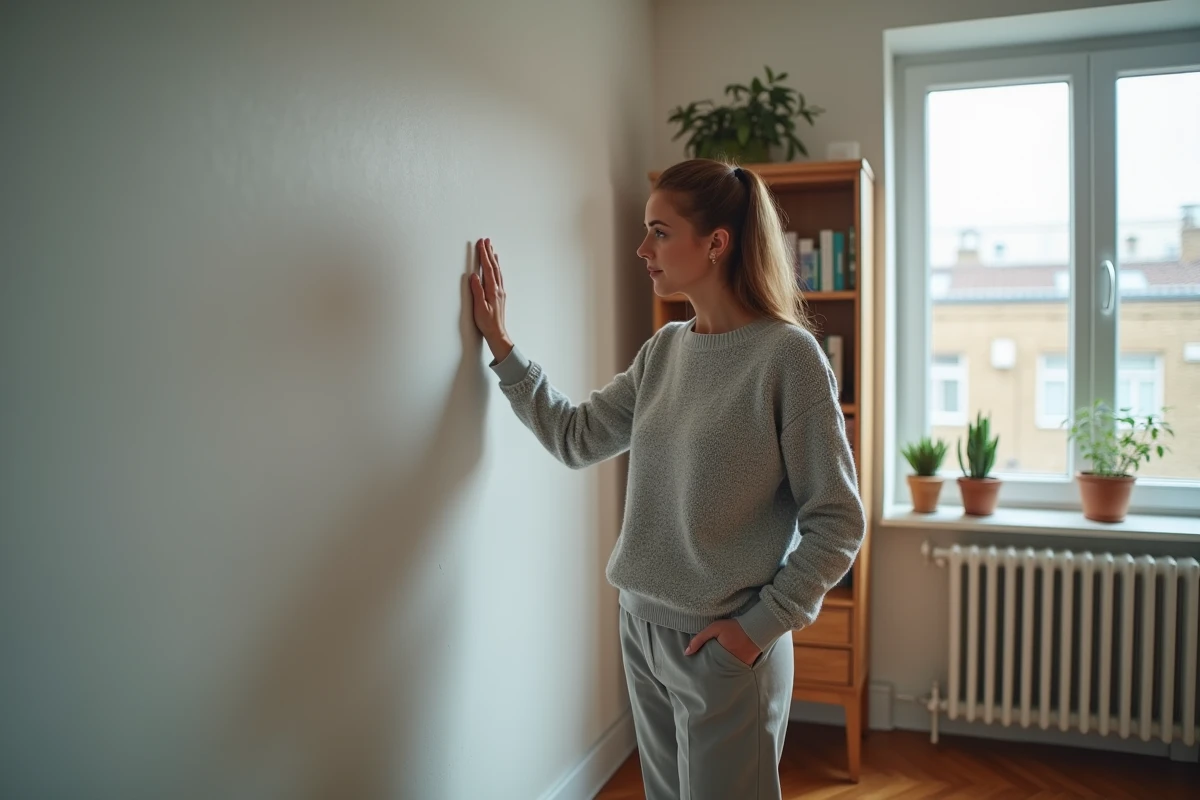 Femme évaluant l'efficacité thermique d'un mur traité avec une toile enduite dans un appartement