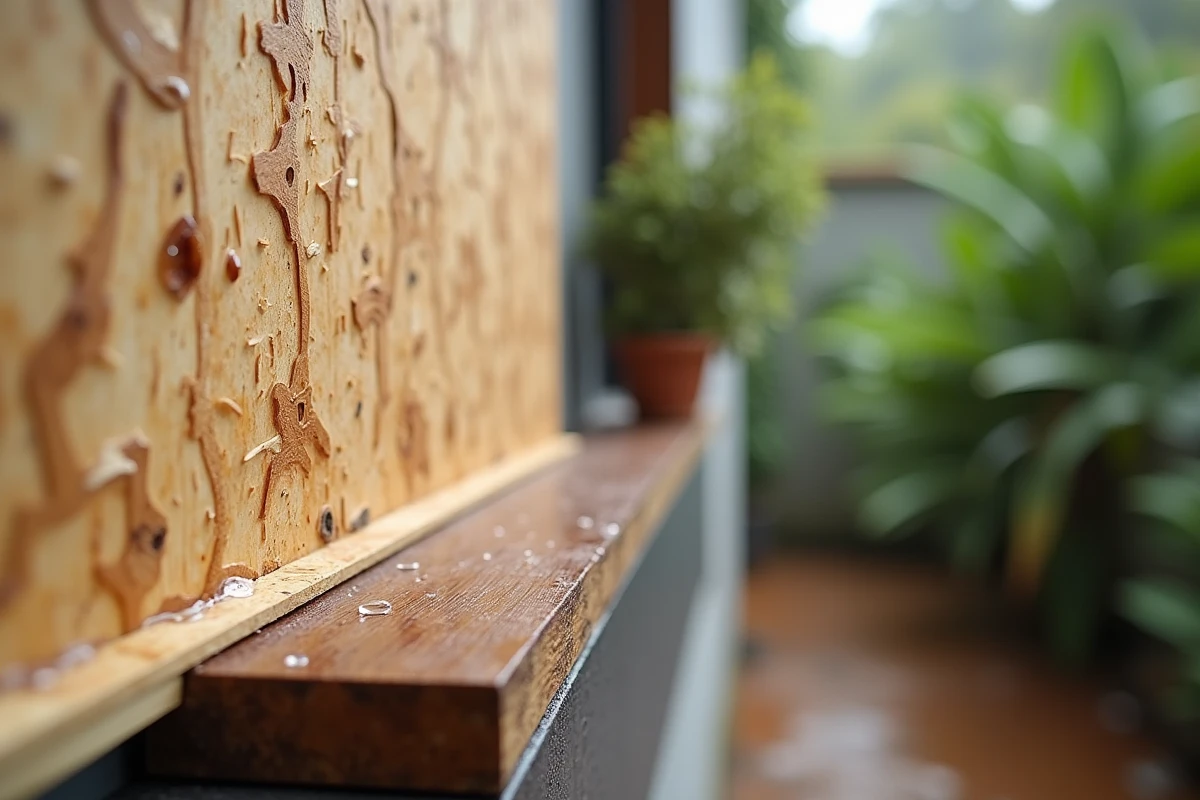 Gros plan sur la tranche d'un panneau OSB extérieur montrant l'absorption d'humidité et le gonflement des fibres de bois