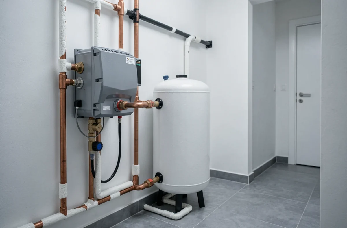 Unité intérieure d'une pompe à chaleur air-eau avec ballon tampon dans une chaufferie moderne
