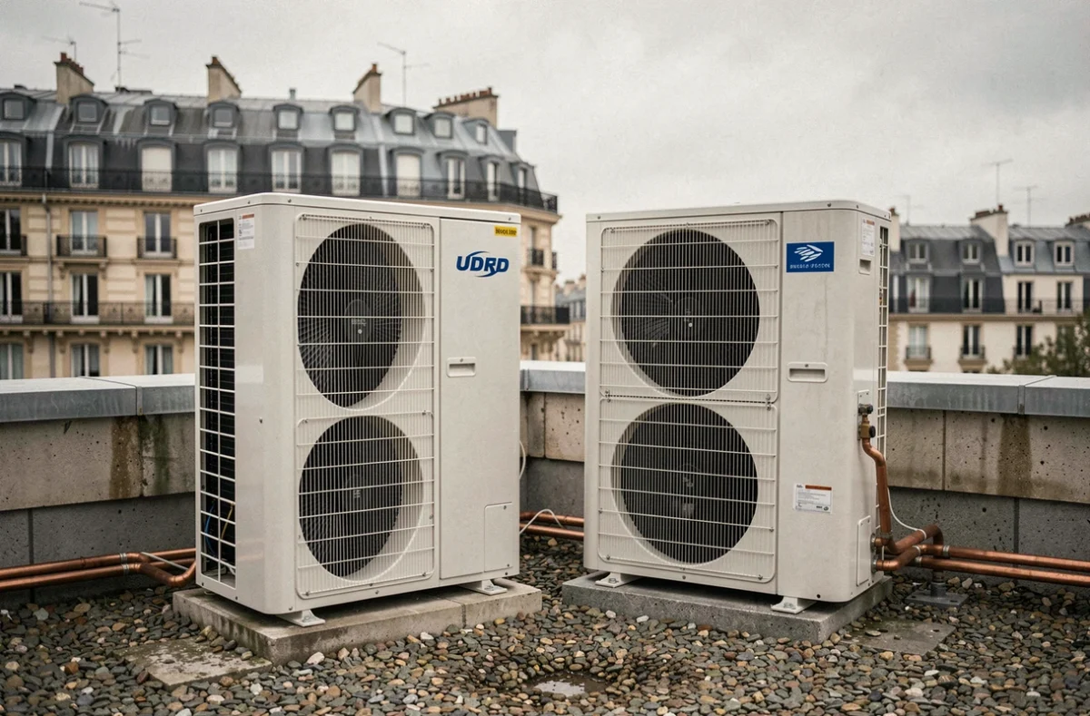 Unités extérieures de pompe à chaleur installées sur une terrasse de toit en milieu urbain
