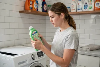 Jeune femme lisant les instructions d'un bidon de lessive devant un lave-linge ouvert dans une buanderie moderne