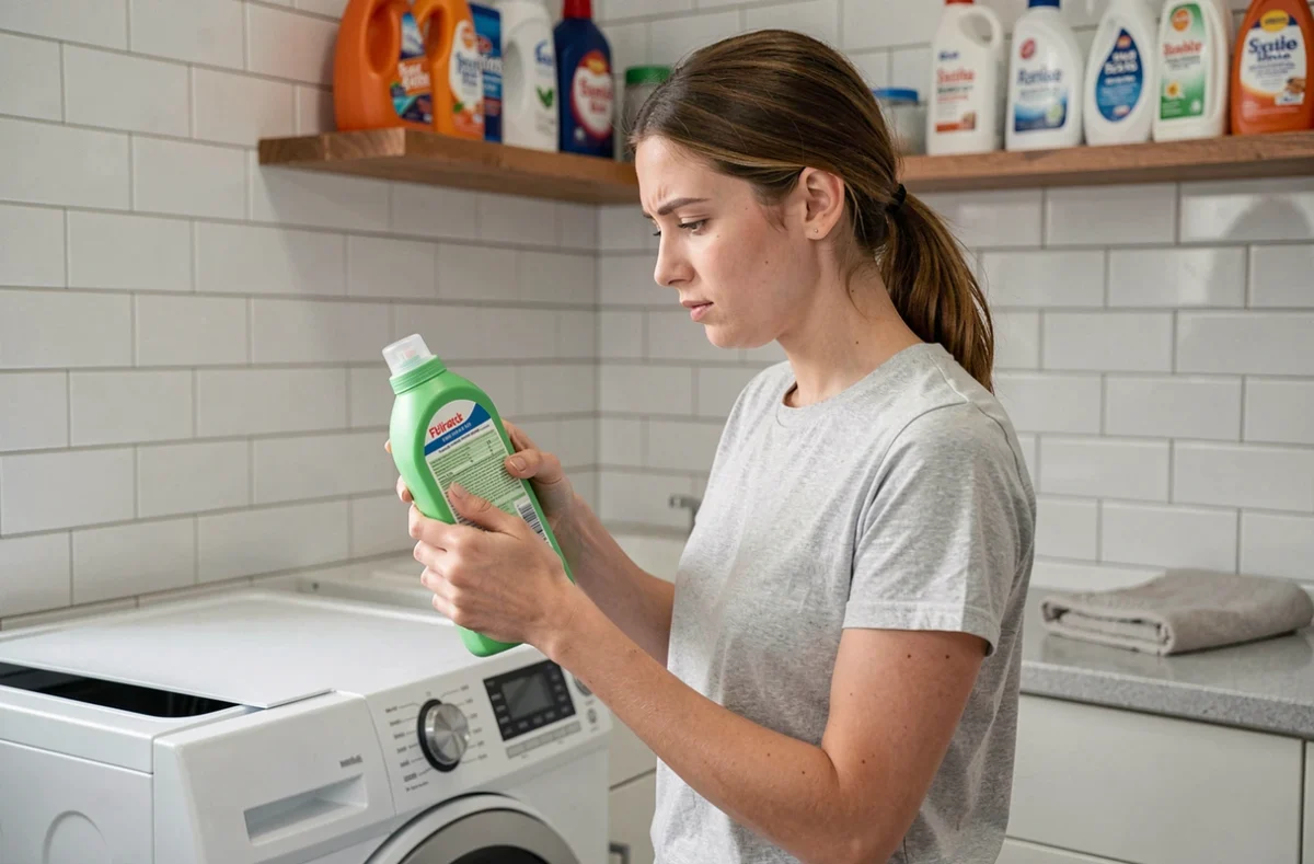 Jeune femme lisant les instructions d'un bidon de lessive devant un lave-linge ouvert dans une buanderie moderne