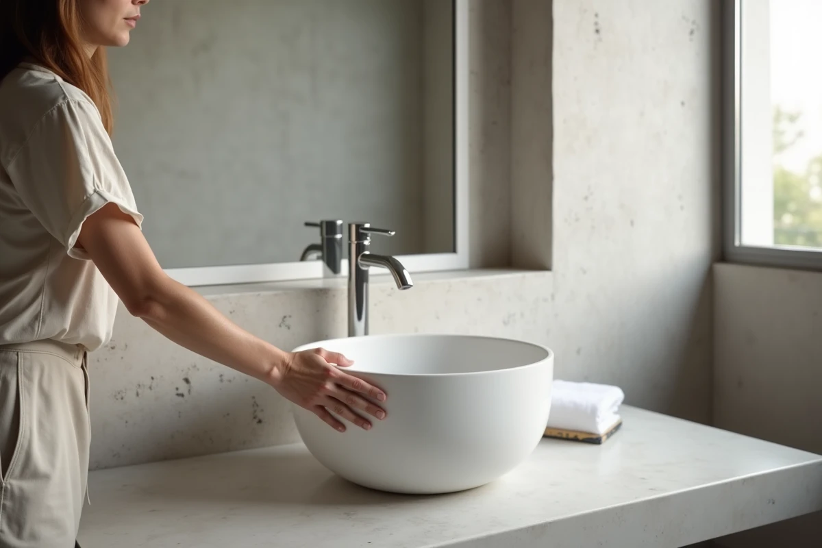 Femme évaluant le confort d'une vasque à poser ronde en résine pierre blanche dans une salle de bain en béton, vue rapprochée sur les mains et le bord du lavabo
