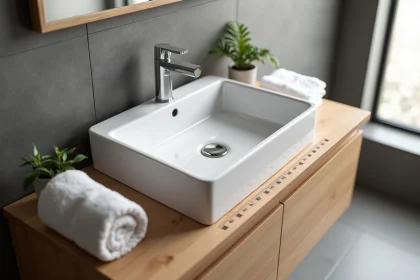 Vasque rectangulaire encastrée en céramique blanche dans un meuble salle de bain en bois clair, vue en perspective 3/4 montrant les dimensions et le confort d'usage