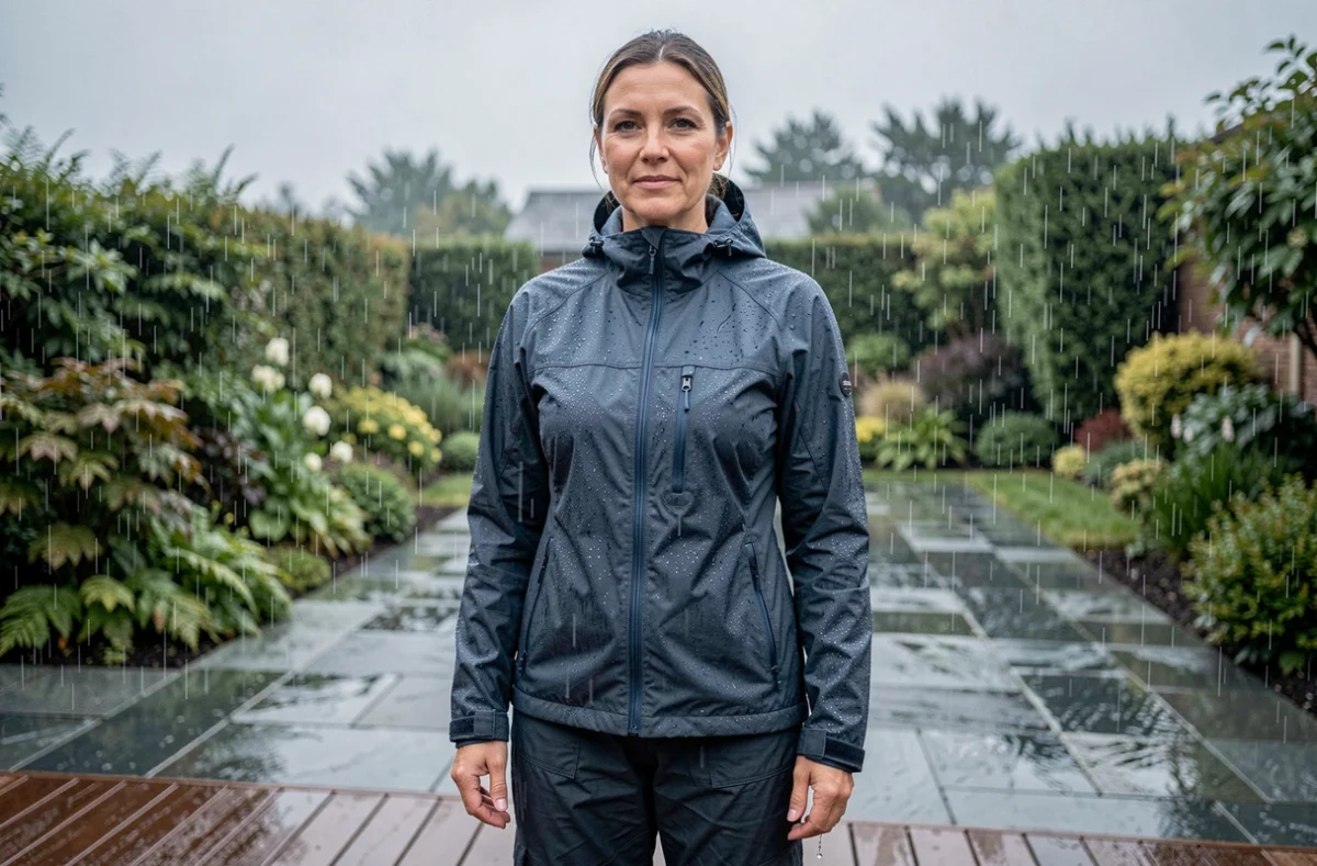 Femme en veste imperméable technique sous la pluie avec gouttelettes d'eau sur le tissu