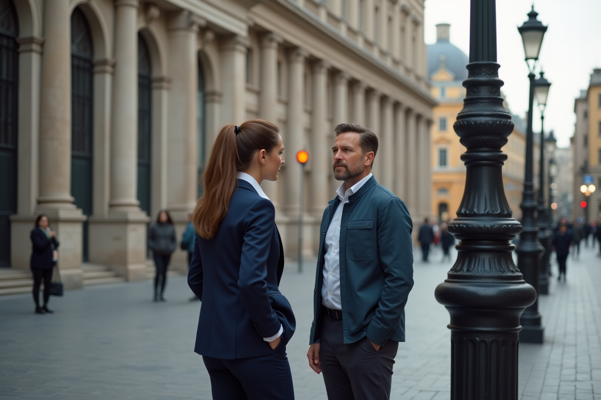 Officielle municipale parlant avec un homme sous un lampadaire ancien