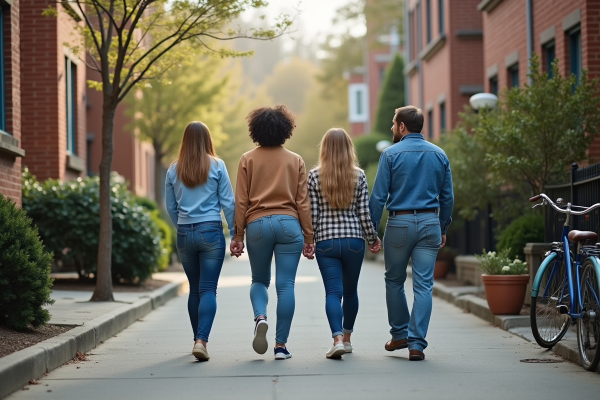 Groupe de voisins portant une petite bibliothèque dans la rue urbaine