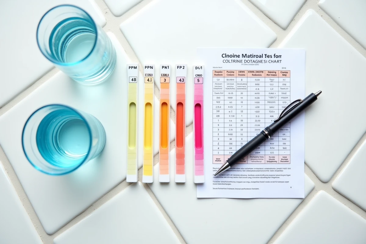 Vue aérienne de bandelettes de test chlore piscine comparées à un tableau de dosage avec valeurs PPM sur carrelage blanc