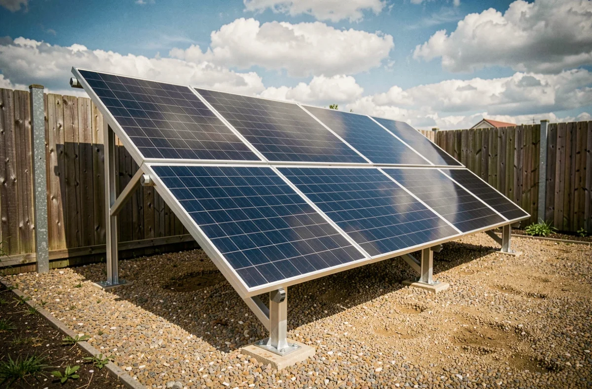 Vue d'ensemble d'une installation de panneaux solaires sur structure au sol dans un jardin