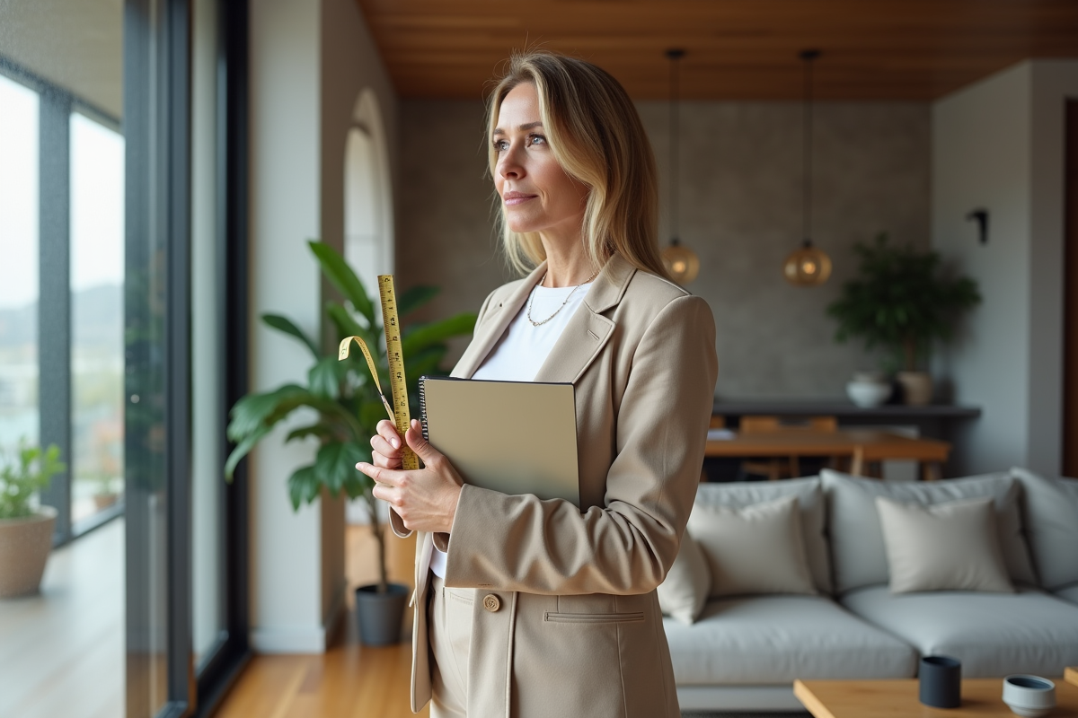 Femme évaluant un salon moderne avec mètre ruban