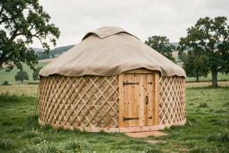 Yourte en bois traditionnelle installée dans une prairie verte de la campagne française avec murs en lattis de pin et toit en feutre