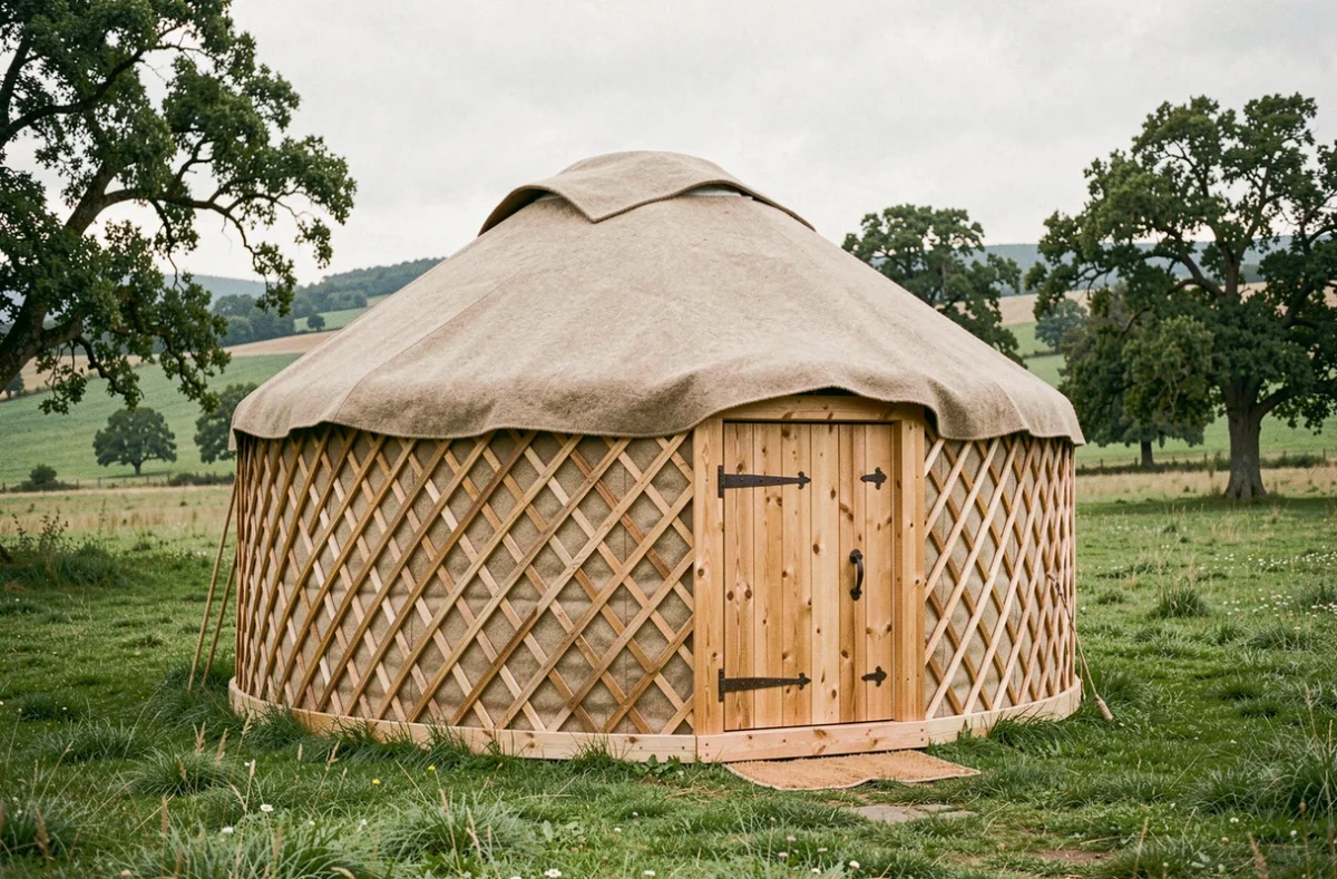 Yourte en bois traditionnelle installée dans une prairie verte de la campagne française avec murs en lattis de pin et toit en feutre
